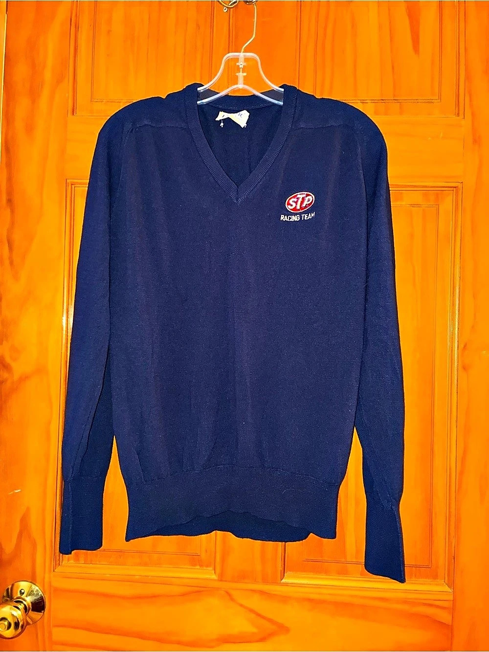 Vintage Etonic STP Racing Team V-Neck Sweater Navy Blue Orlon Acrylic Men's L